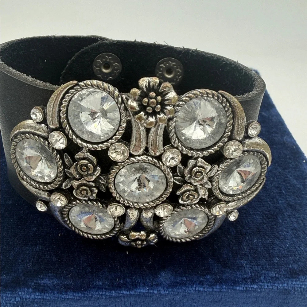 black faux leather statement cuff bracelet w/ centerpiece encrusted w/ crystals